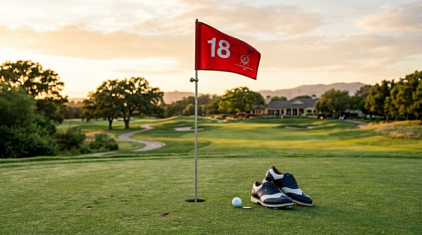 Golf shoes and a white ball on a green with a red flag marking the eighteenth hole at sunset.
