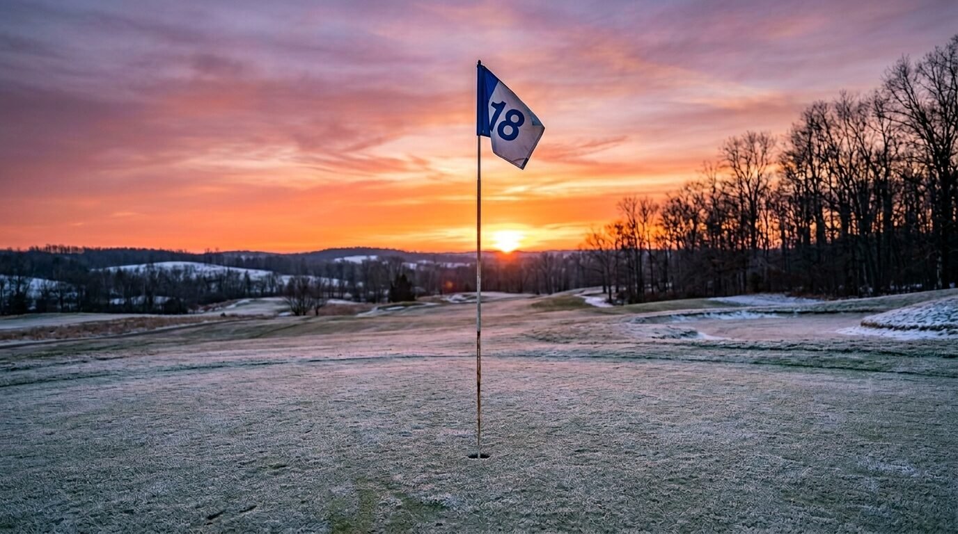 A golf flag with the number 18 stands on a frozen green during a bright, orange sunset over snow-dusted hills.