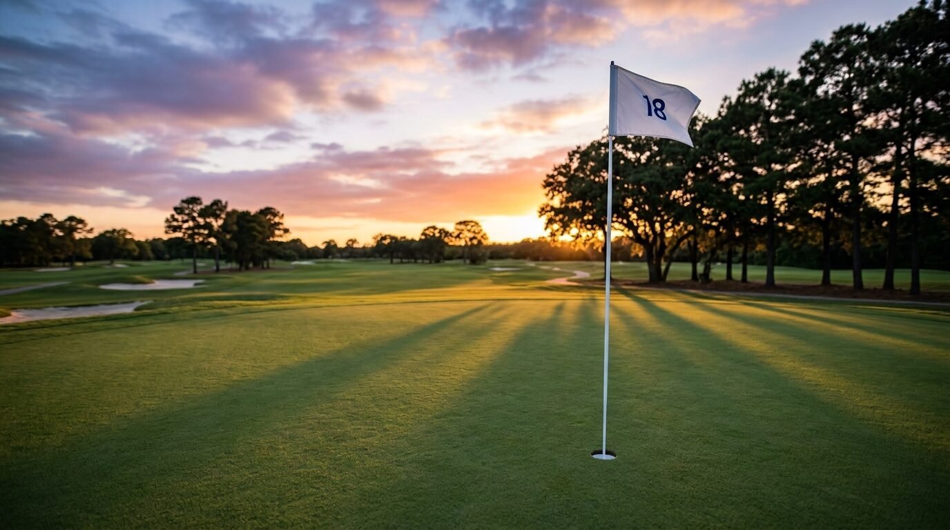 Golf flag marked with number 18 standing on a lush green putting surface at sunset.
