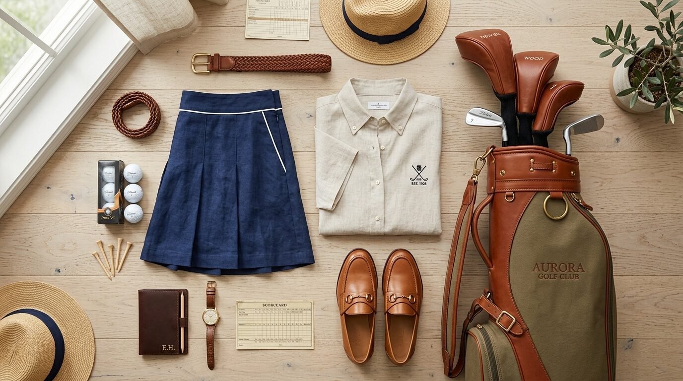 Top-down view of a golf skirt, linen shirt, leather loafers, and an Aurora Golf Club bag on wood flooring.