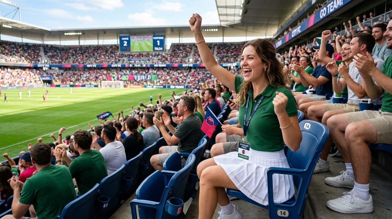 A woman in a green polo and white skirt cheering with raised fists in the stands of a busy soccer arena.