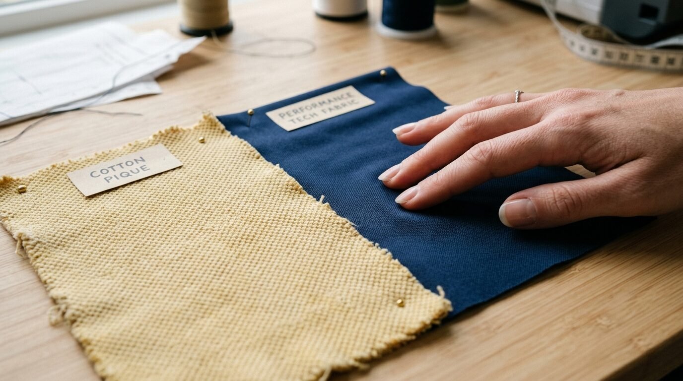 Close-up of hand touching labeled yellow cotton pique and blue tech fabric swatches on a wood workspace table.