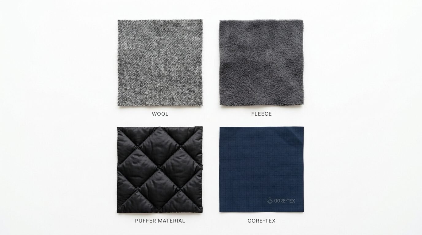 Top-down view of wool, fleece, quilted puffer, and Gore-Tex fabric squares labeled on a white background.