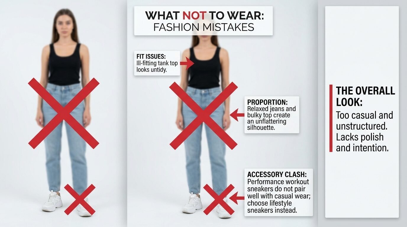 An infographic highlighting style errors like ill-fitting tank tops, poor proportions, and mismatched athletic footwear.