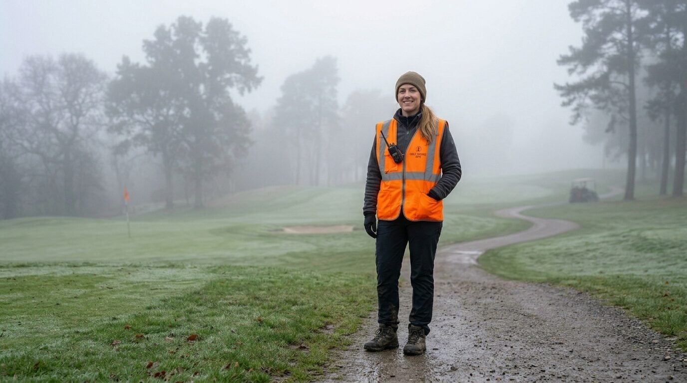 A woman wearing an orange safety vest and beanie stands on a misty, grass-covered golf course path.