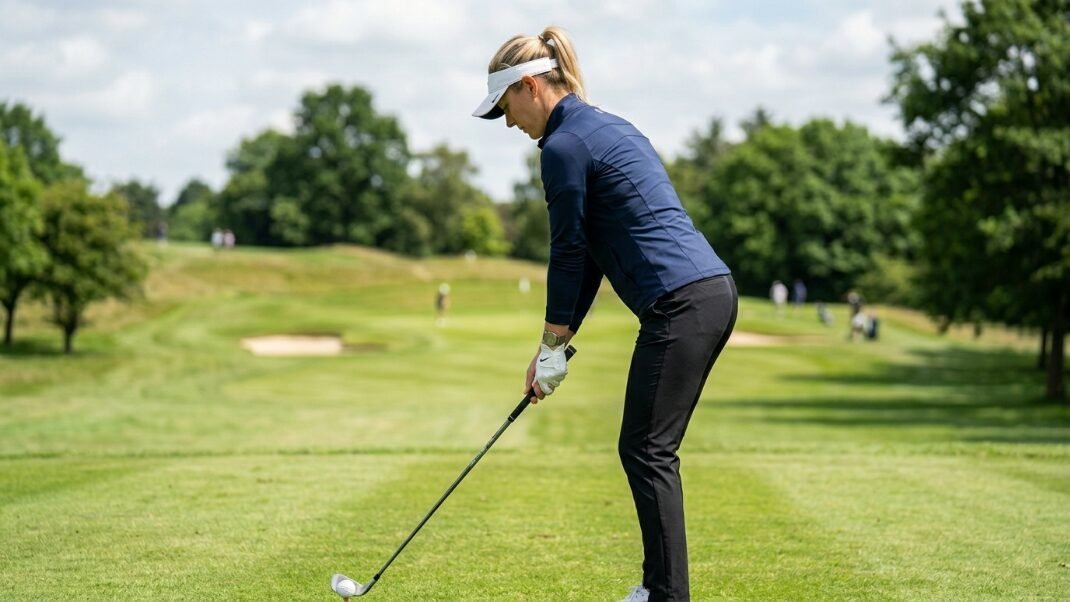 A woman wearing a white visor and navy athletic gear stands in a golf stance on a lush fairway.