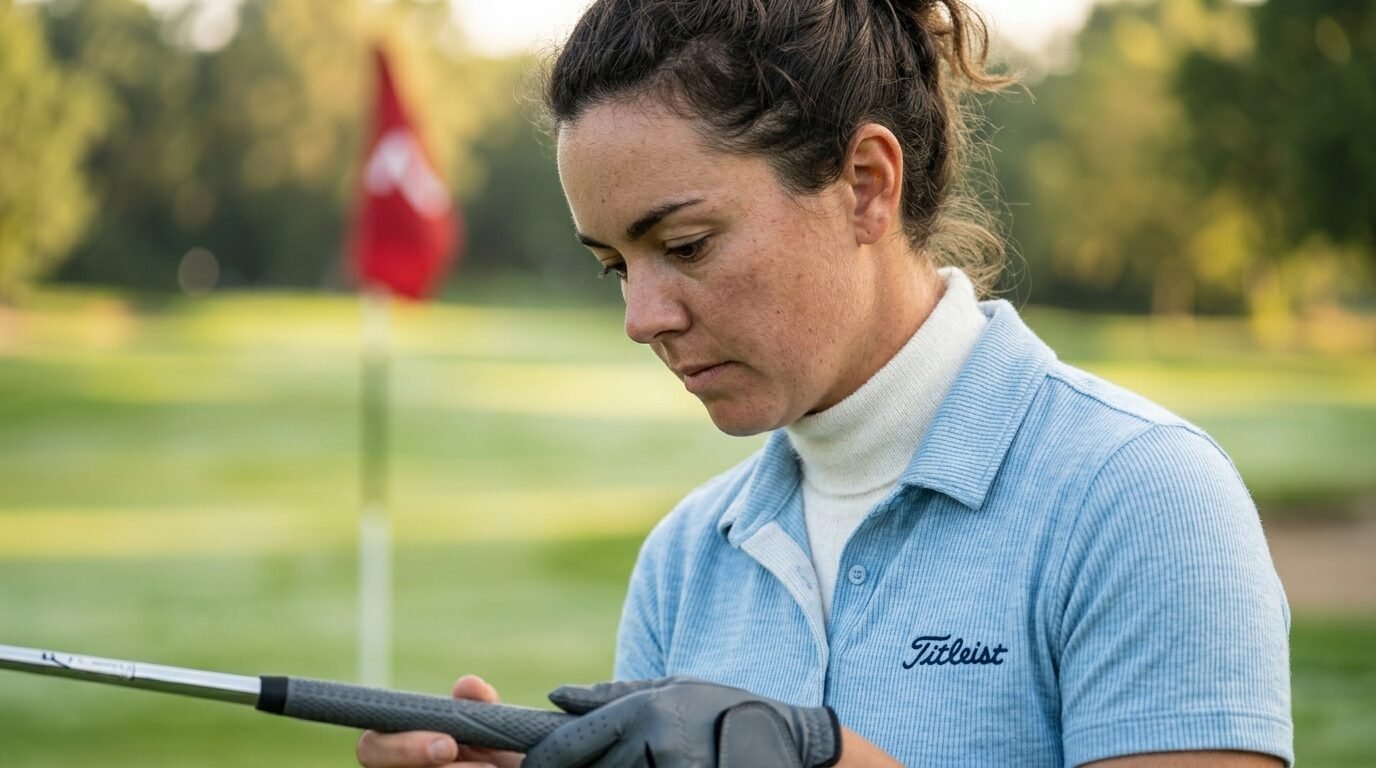 A woman wearing a light blue polo shirt checking her golf club grip while standing on a blurred green fairway.