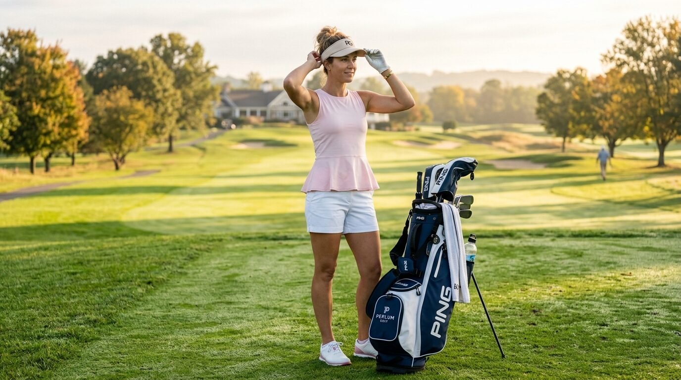 Golfer in a pink tank top and white shorts standing next to her Ping golf bag on a sunny morning course.