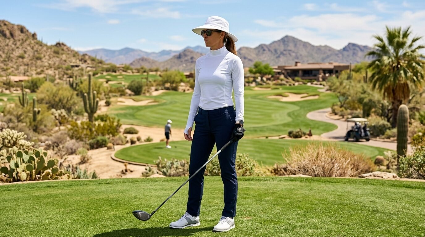 Golfer in a sun hat and white shirt standing on a green overlooking an Arizona desert golf course.