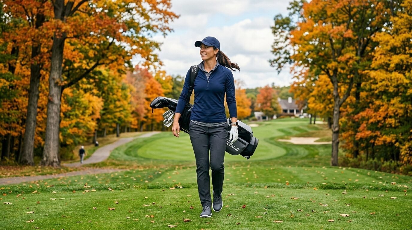 Golfer in navy blue shirt and cap walking on a fairway surrounded by orange and yellow autumn trees.