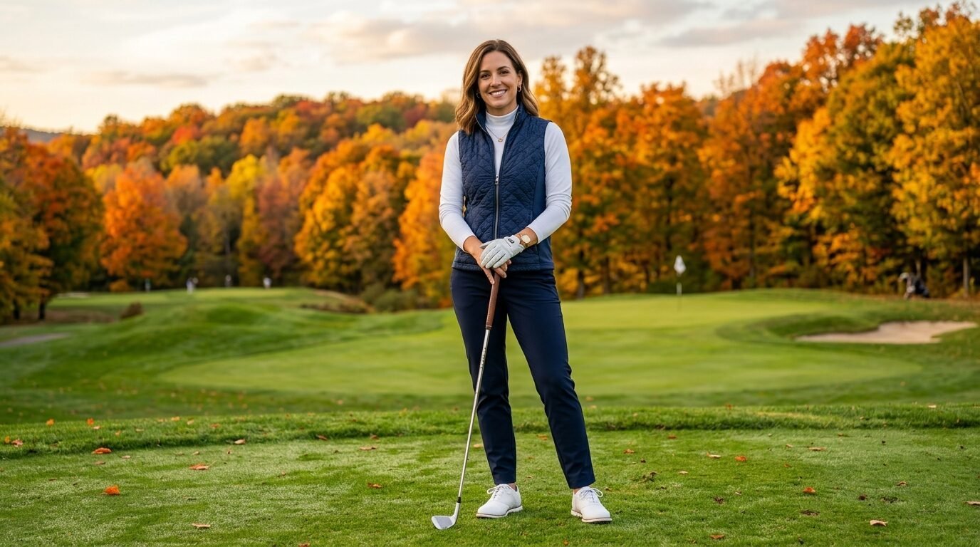 A smiling woman wearing a quilted vest and golf glove holds a club on a grassy course with colorful fall foliage.