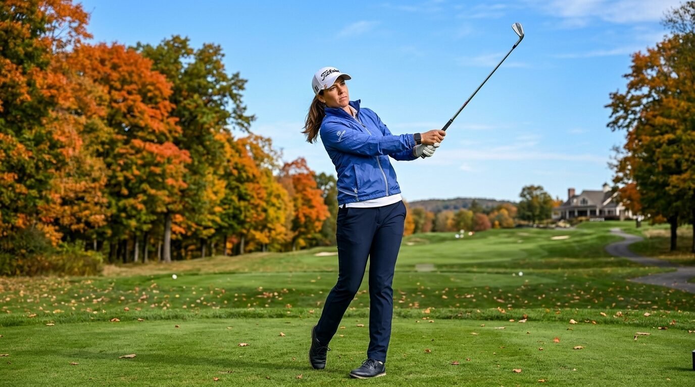 A woman wearing a blue jacket and cap swings a golf club on a course lined with vibrant autumn leaves.