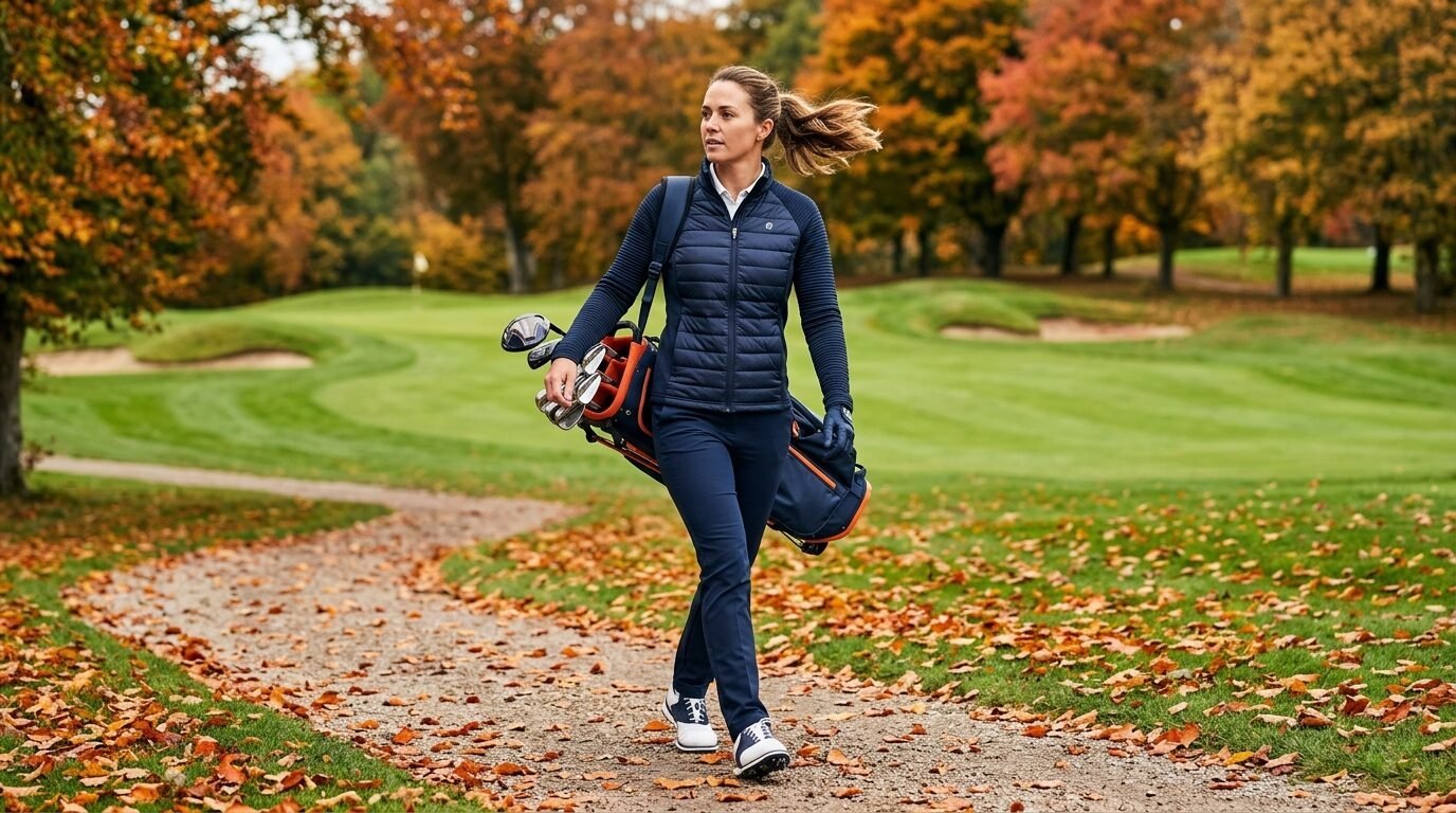 Golfer in a navy jacket carrying her club bag along a leaf-covered path at an outdoor golf club.