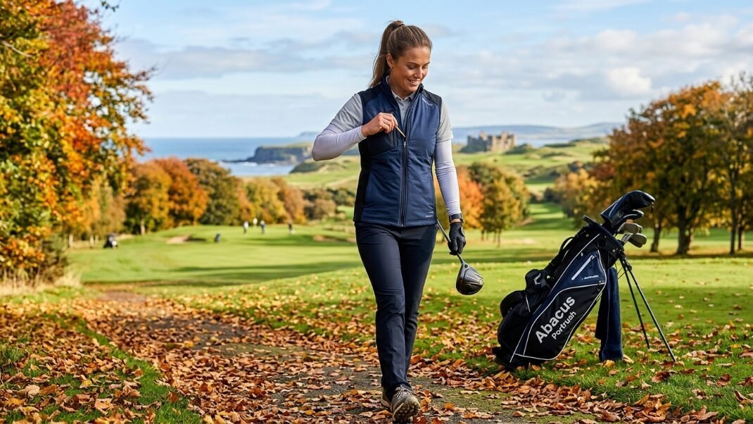 A female golfer in a blue vest walks on a leaf-covered path at a golf course with the ocean in the background.