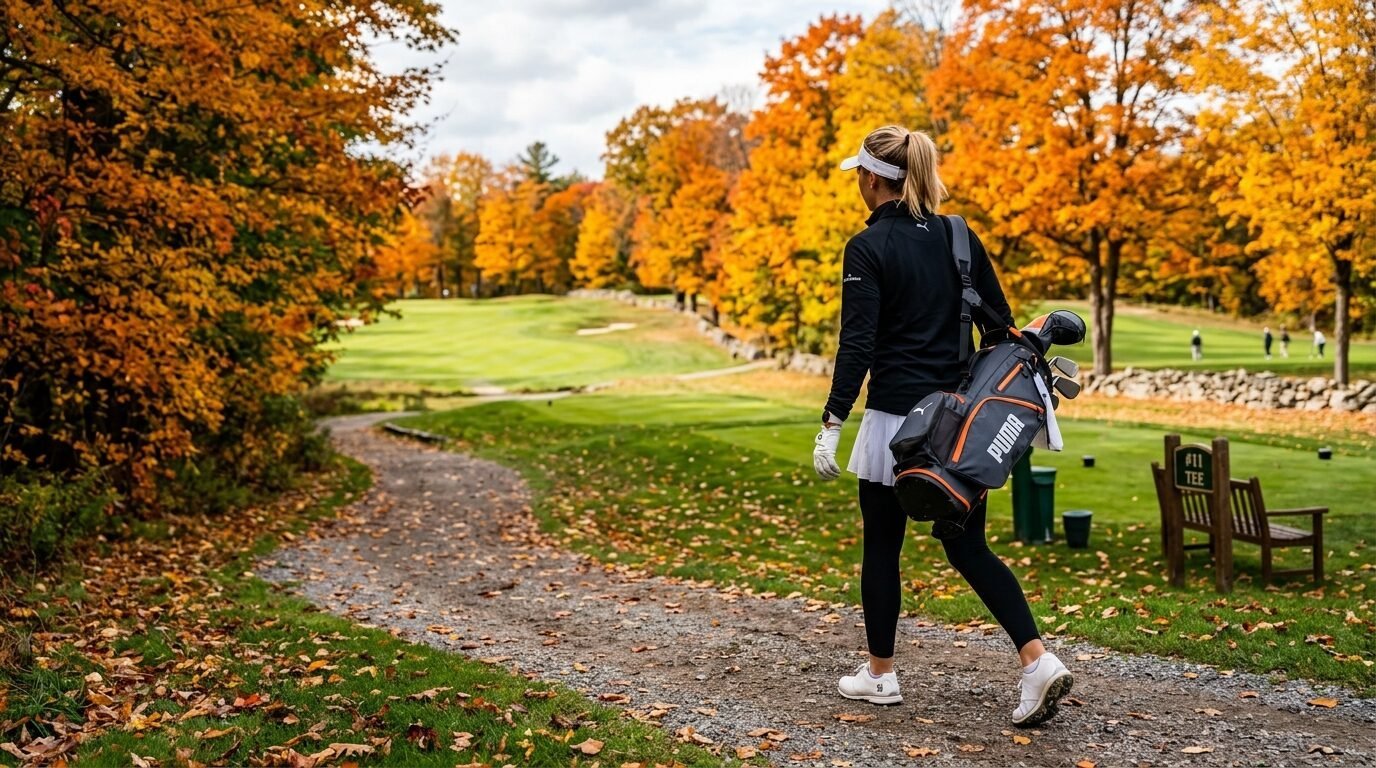 Golfer in a black jacket and white skirt walking past orange trees on a scenic golf course.