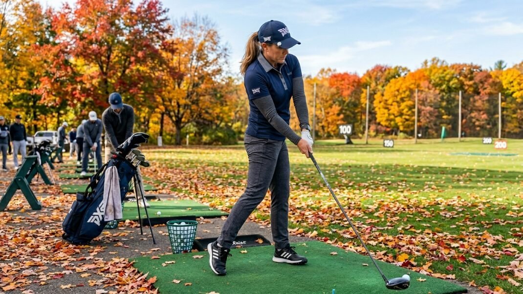A female golfer in a blue shirt practices on a driving range surrounded by fallen autumn leaves.
