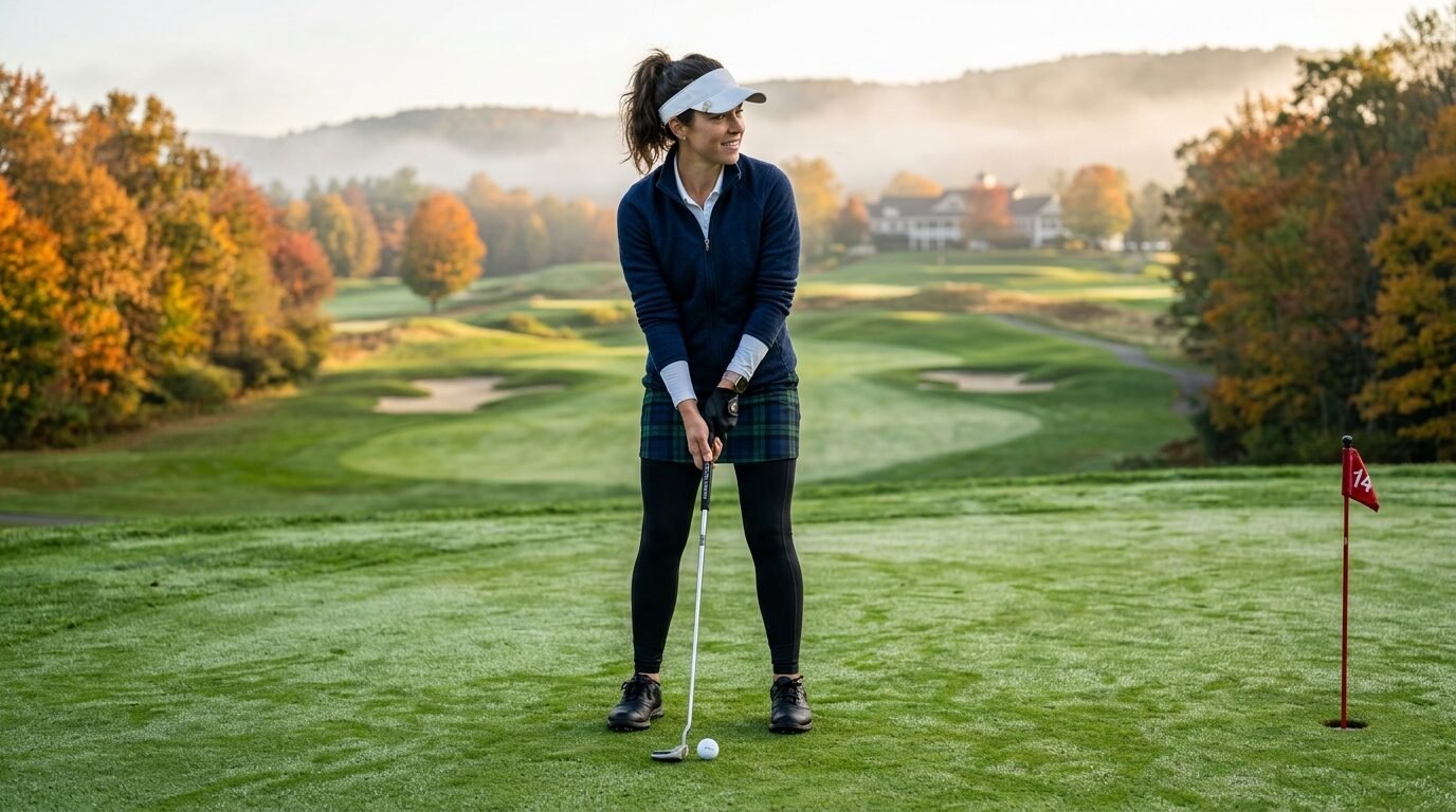 Golfer in a visor and fleece jacket standing over a ball on a green with fall foliage in the background.