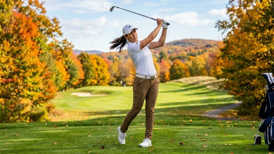 A woman hitting a golf ball on a scenic course surrounded by vibrant fall foliage and mountains.