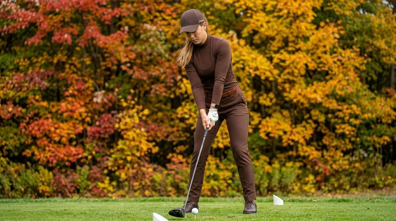 Golfer in brown attire standing over a ball on a tee with colorful autumn trees in the background.