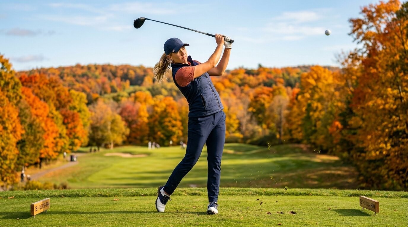 A woman in a navy vest and cap swings a golf club on a green tee box surrounded by colorful fall trees.