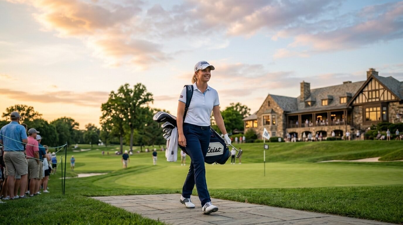A smiling woman golfer carries her clubs along a stone path near a golf course clubhouse at golden hour.