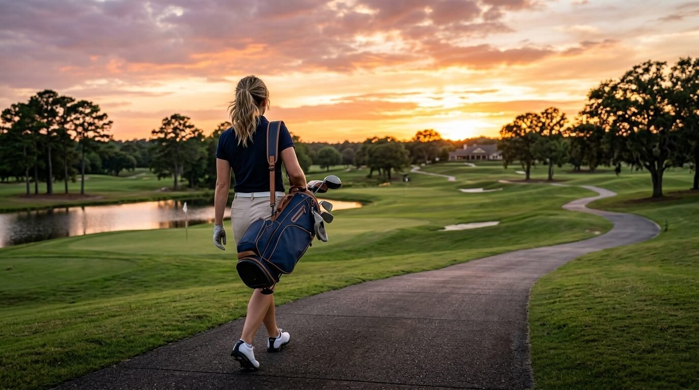 A woman carrying a golf bag walks along a paved path on a golf course during a golden hour sunset.