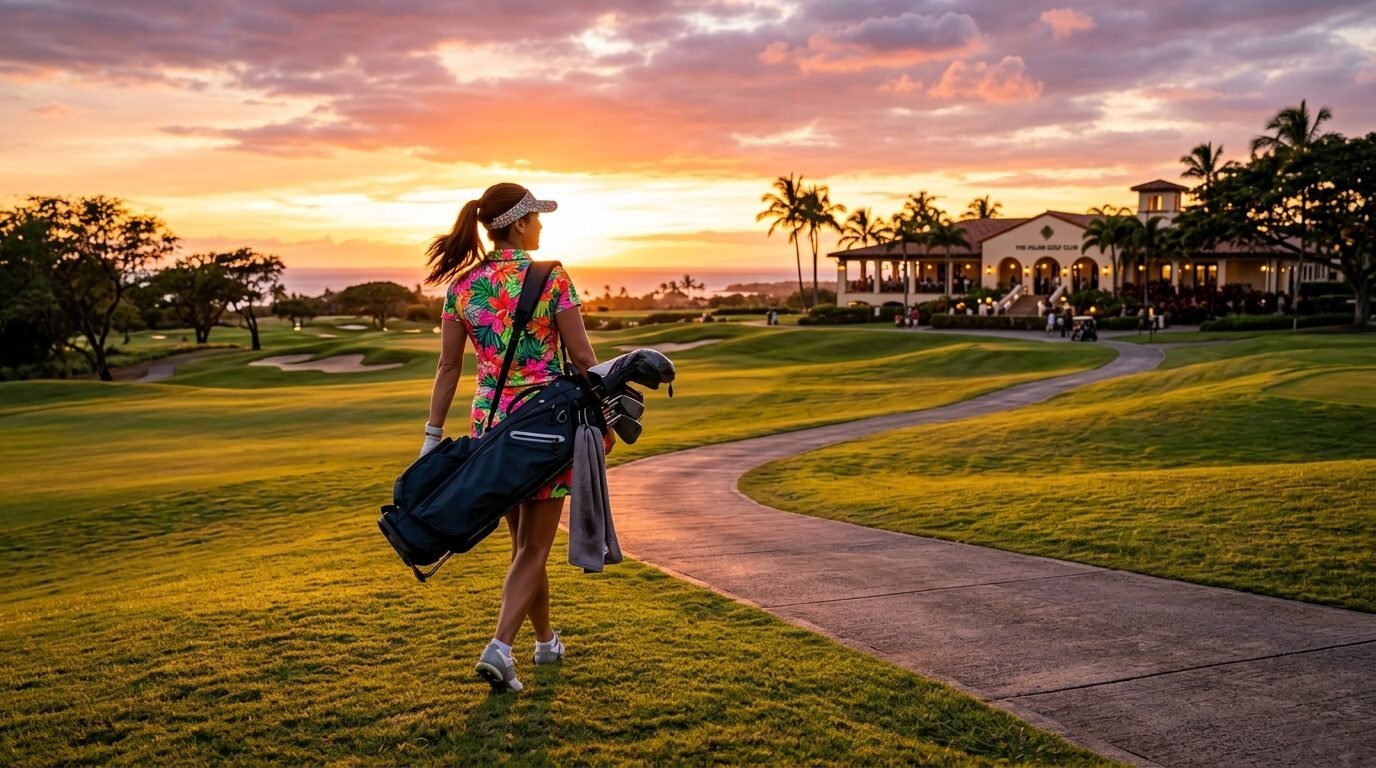 Female golfer in a floral top carrying a bag toward the clubhouse during a tropical golden hour sunset.