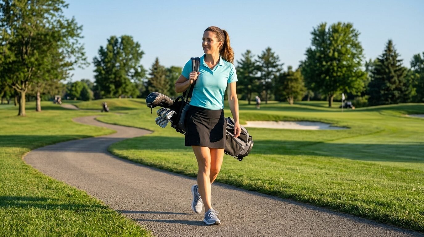 Woman in a blue polo shirt carrying a golf bag while walking on a paved path during a sunny day.