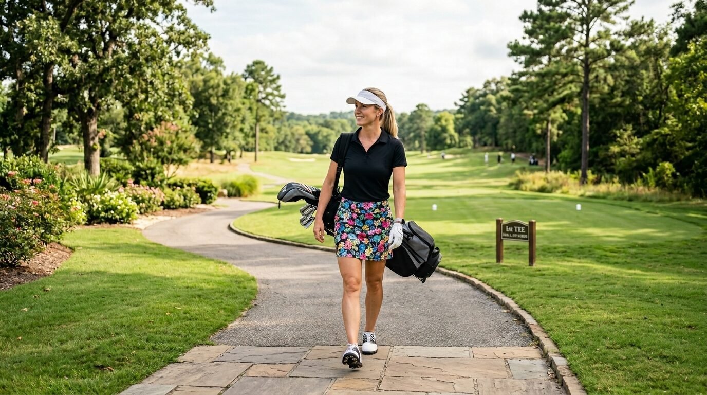 Golfer in a black shirt and floral skirt walking down a paved path with her clubs