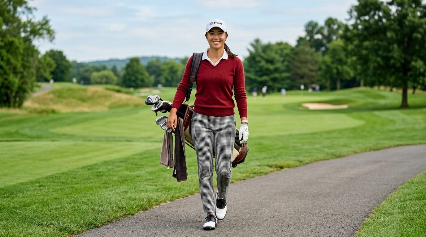 Female golfer in red sweater and plaid pants walking with a golf bag over her shoulder on a sunny course.