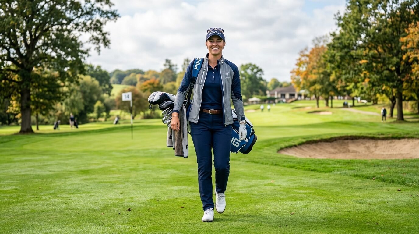 Smiling female golfer carrying a blue Ping golf bag while walking on a lush green course fairway.
