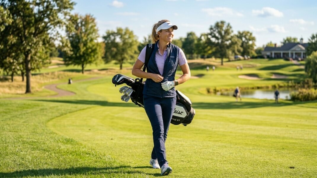 A blonde woman in a navy vest and visor carries a golf bag across a green grassy course on a bright day.