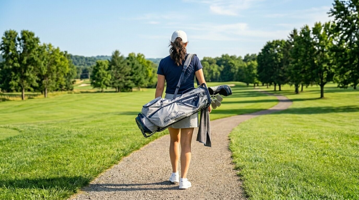 A female golfer in a hat carrying a Sun Mountain golf bag walks down a gravel path on a sunny day.