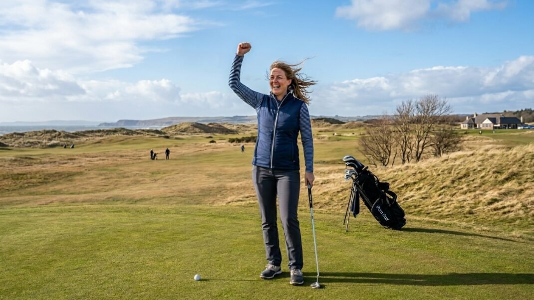 Woman in a navy vest holding a golf club and cheering on a sunny links course with her golf bag nearby.