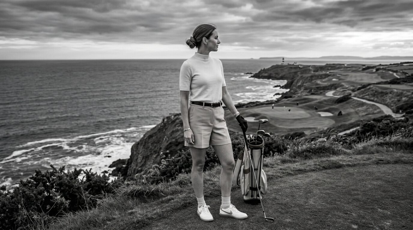 A woman in golf attire holding a club next to her bag on a clifftop golf course with the ocean in the background.