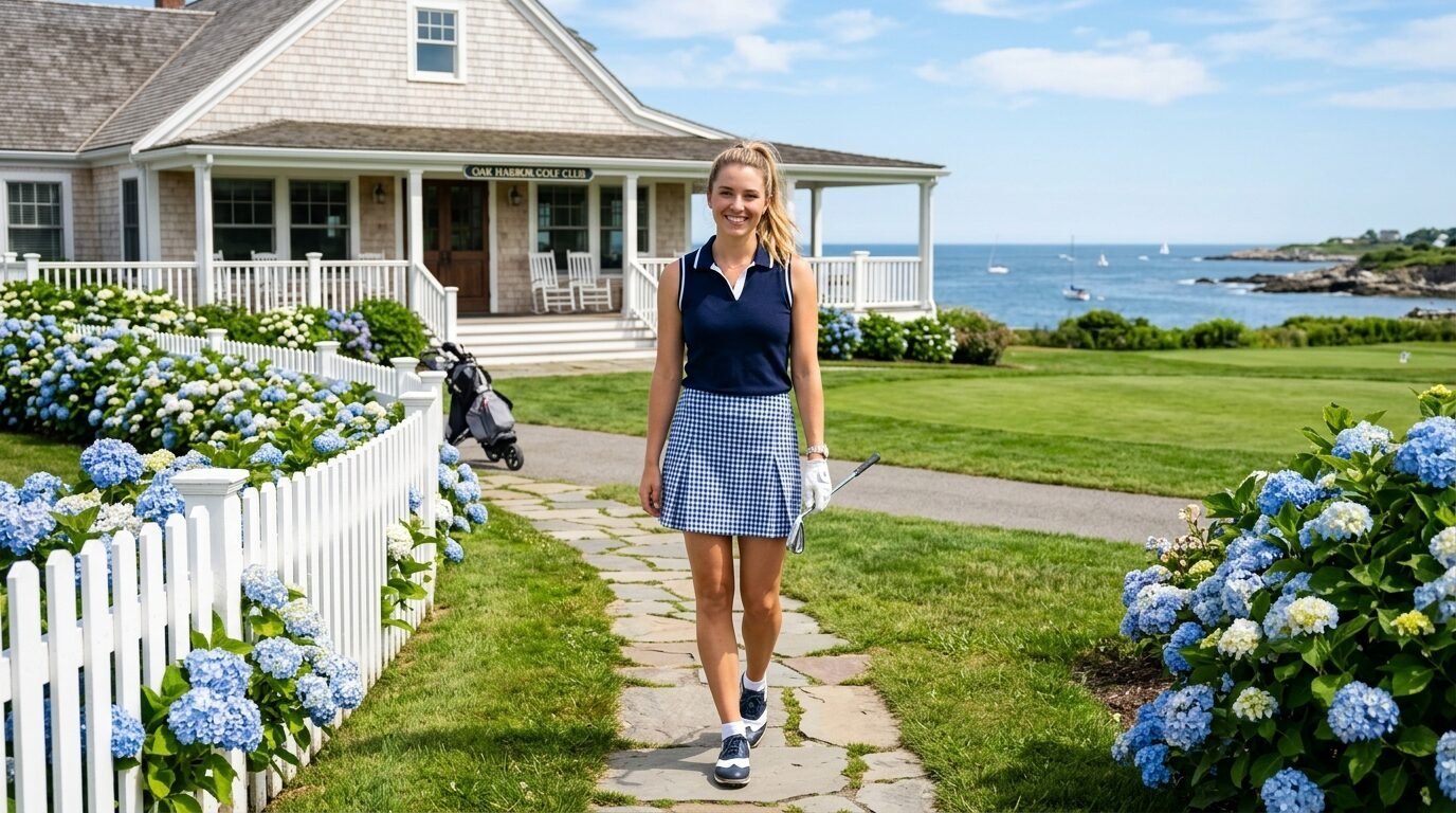 Young woman in a golf outfit walking on a stone path by a seaside golf clubhouse with blooming blue hydrangeas.