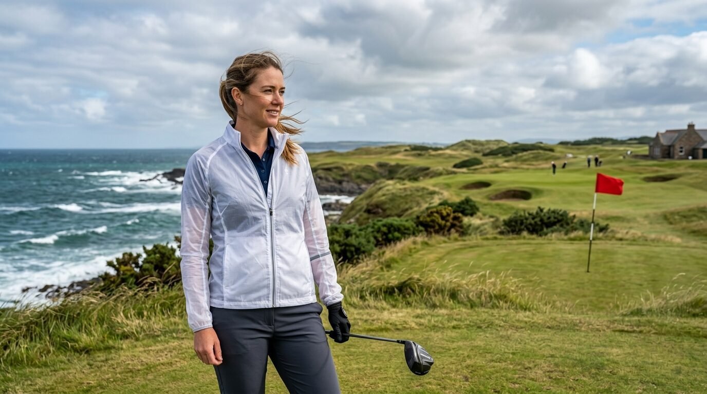 A woman golfer holding a club overlooking a scenic seaside golf course with a red flag in the distance.