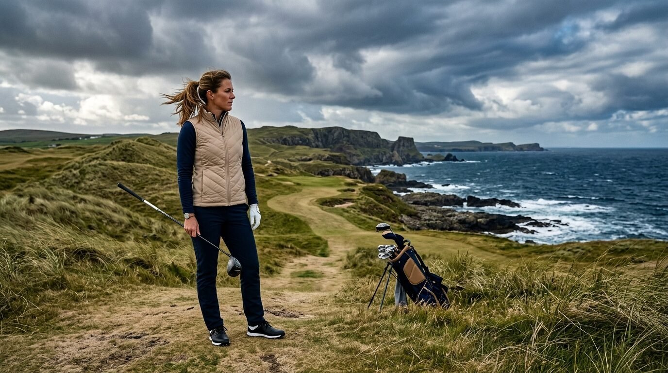 Woman in a beige vest holding a golf club on a grassy cliff overlooking the ocean.