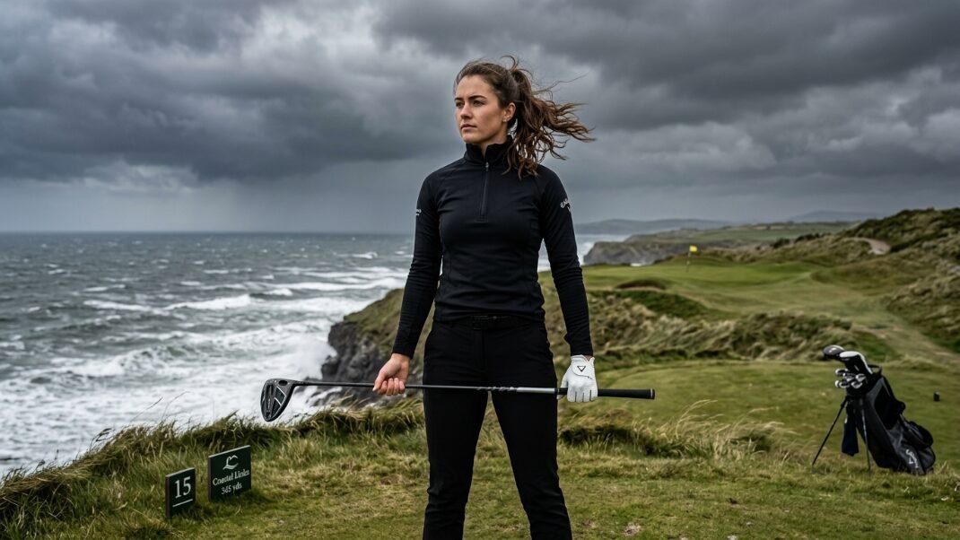A female golfer in black gear holding a club on a stormy cliffside course by the ocean.