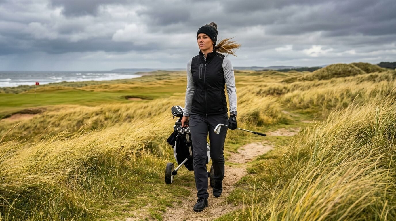 Golfer pulling a cart through grassy dunes on a windy, overcast day at a seaside course.