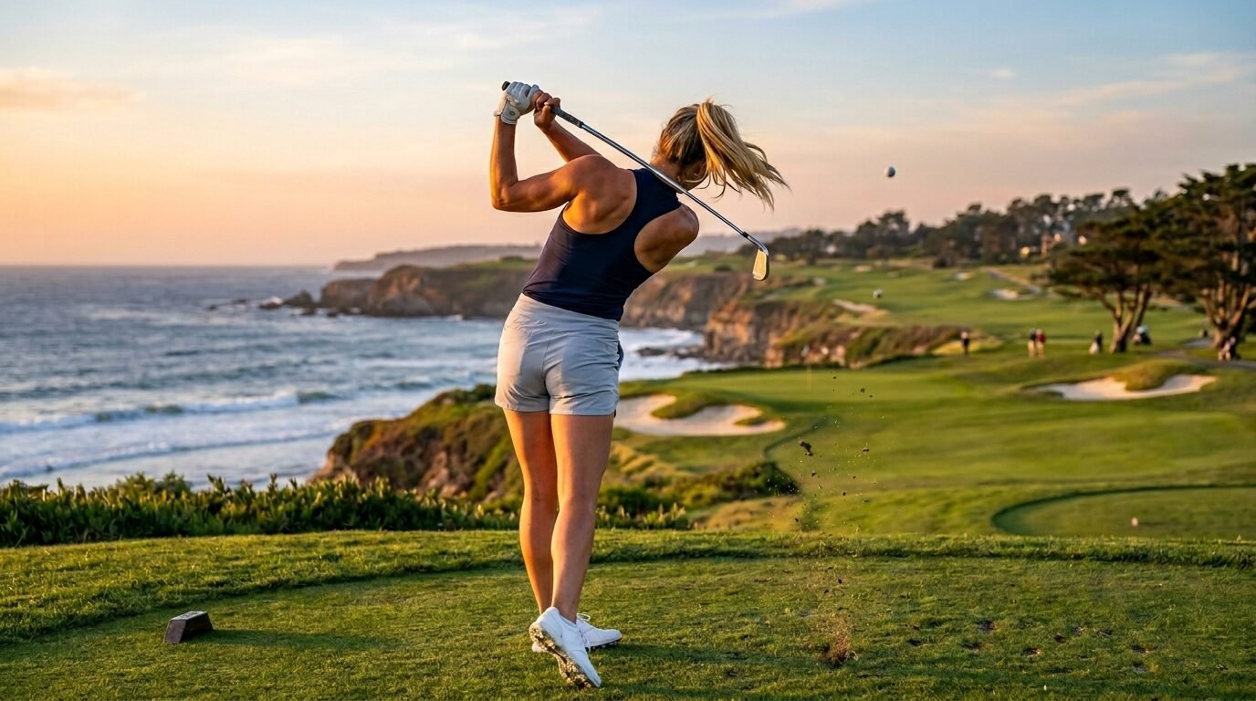 A woman in a navy tank top follows through her golf swing on a course overlooking the ocean at sunset.