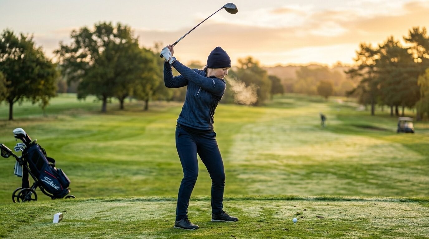 Woman in a beanie and dark fleece swings a driver on a frosty golf course during sunrise.