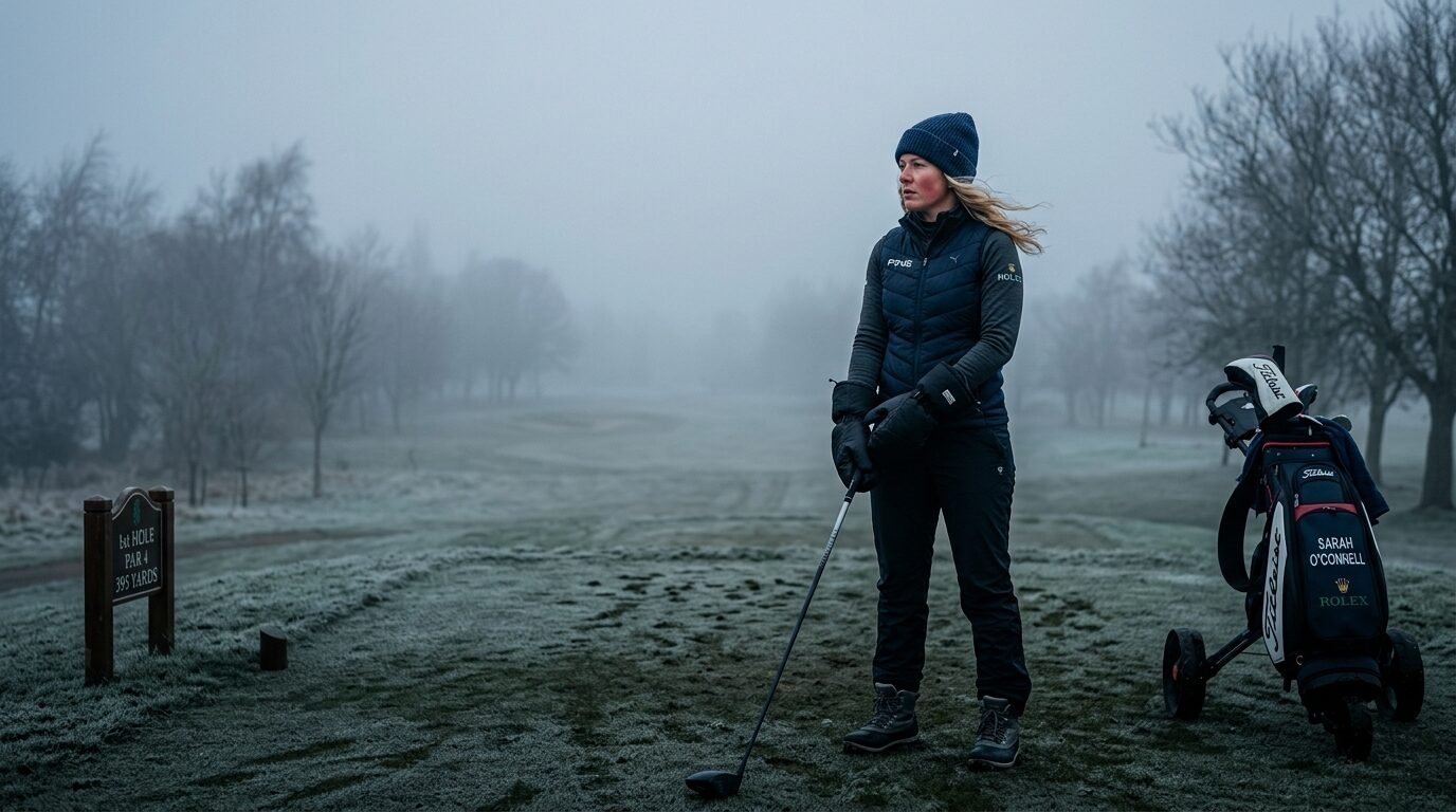 A woman in winter gear holds a golf club while standing on a cold, misty fairway near her golf bag.