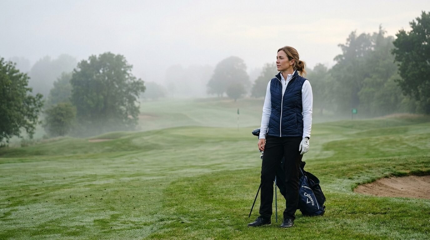 Golfer in a dark vest and white shirt standing with a golf bag on a foggy course