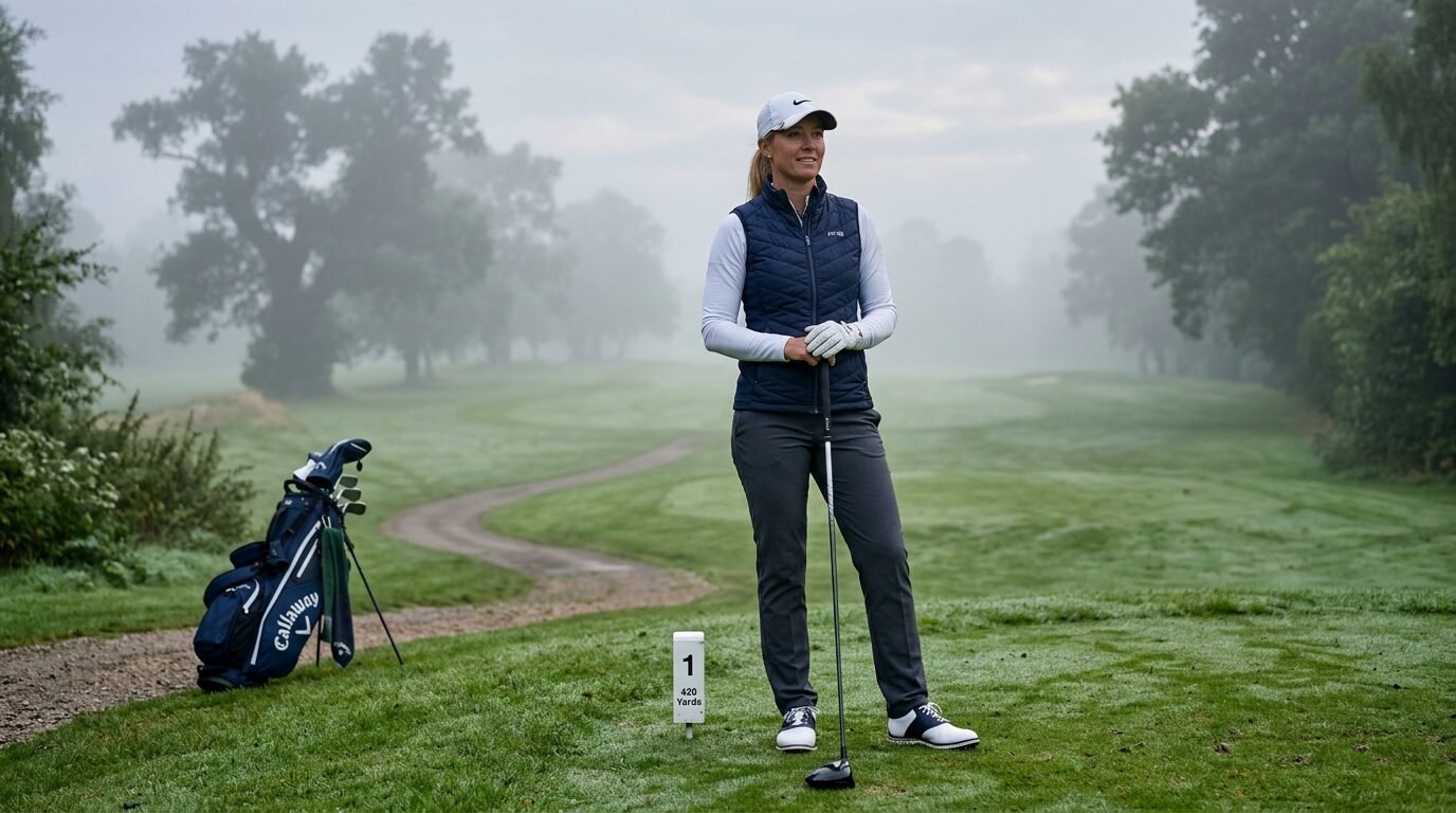 A woman golfer holding a club while standing on a dew-covered course during a foggy morning.