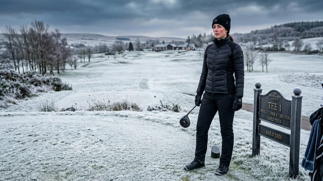 Golfer in winter gear holding a driver on a frost-covered golf course hole one sign.