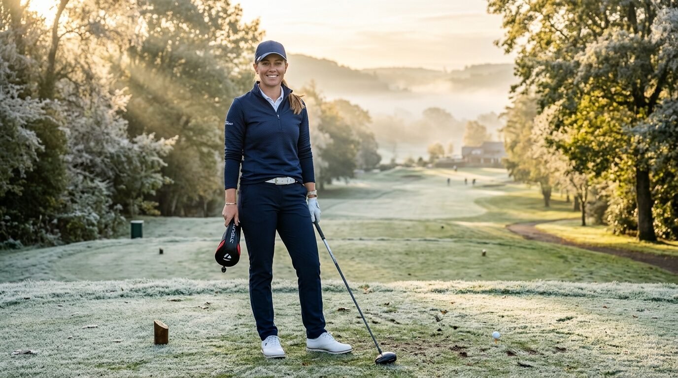 Golfer in navy attire holding a club on a cold, misty fairway at sunrise.