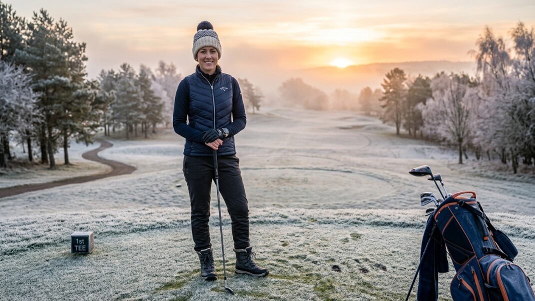 A woman in winter gear holding a golf club on a frost-covered golf tee at dawn.