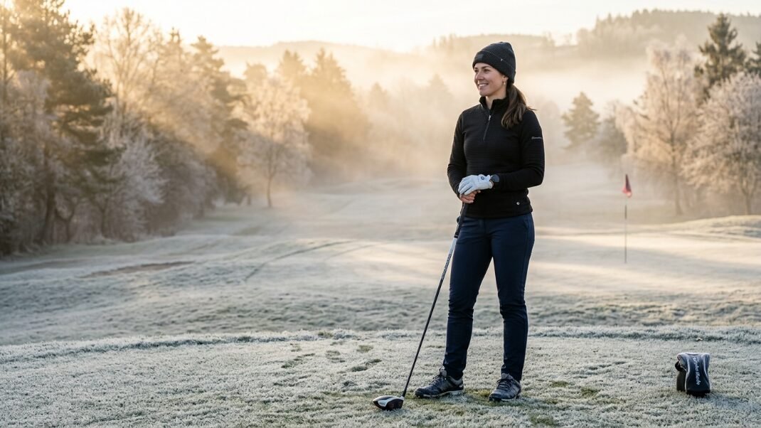 A smiling woman wearing a beanie and dark athletic gear stands with a golf club on a frozen, foggy fairway.
