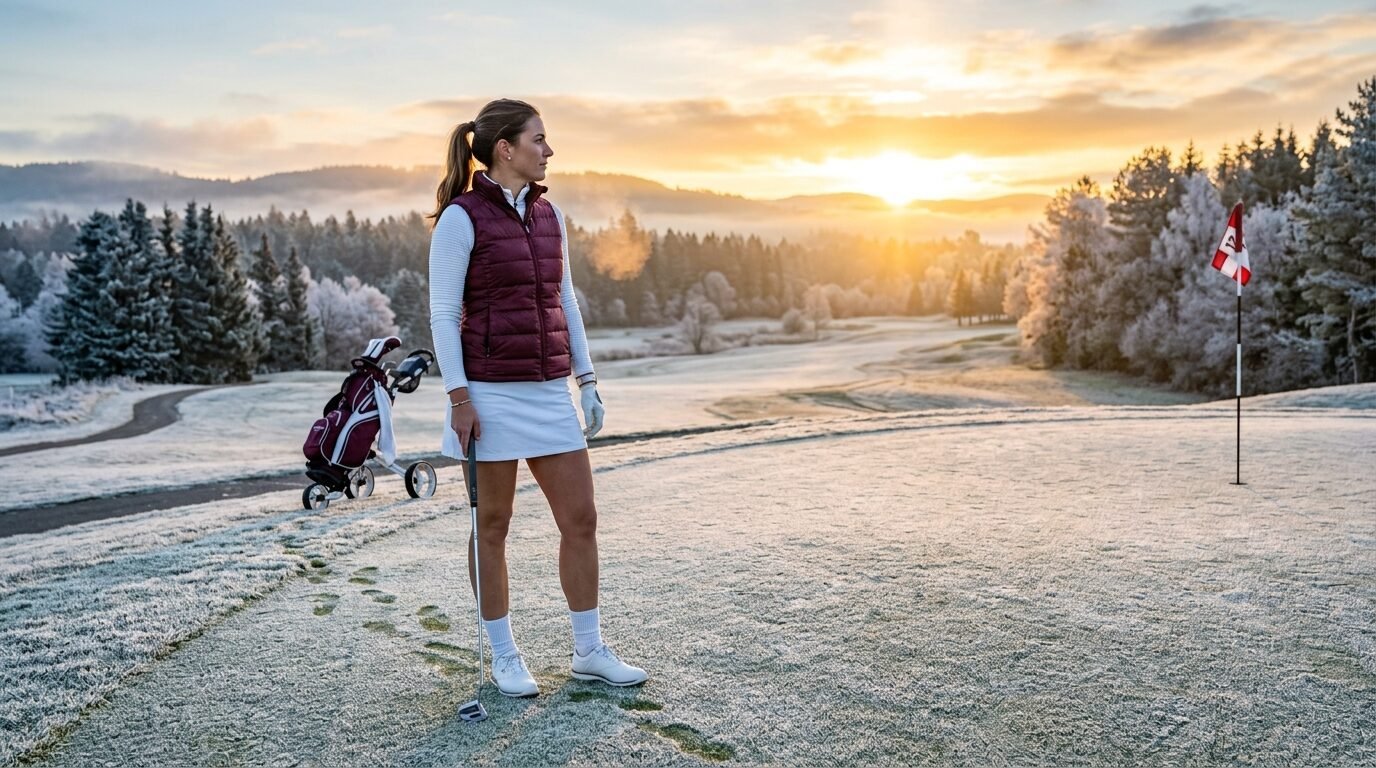 Golfer in a maroon vest holding a club on a frozen golf course with a flag in the background.